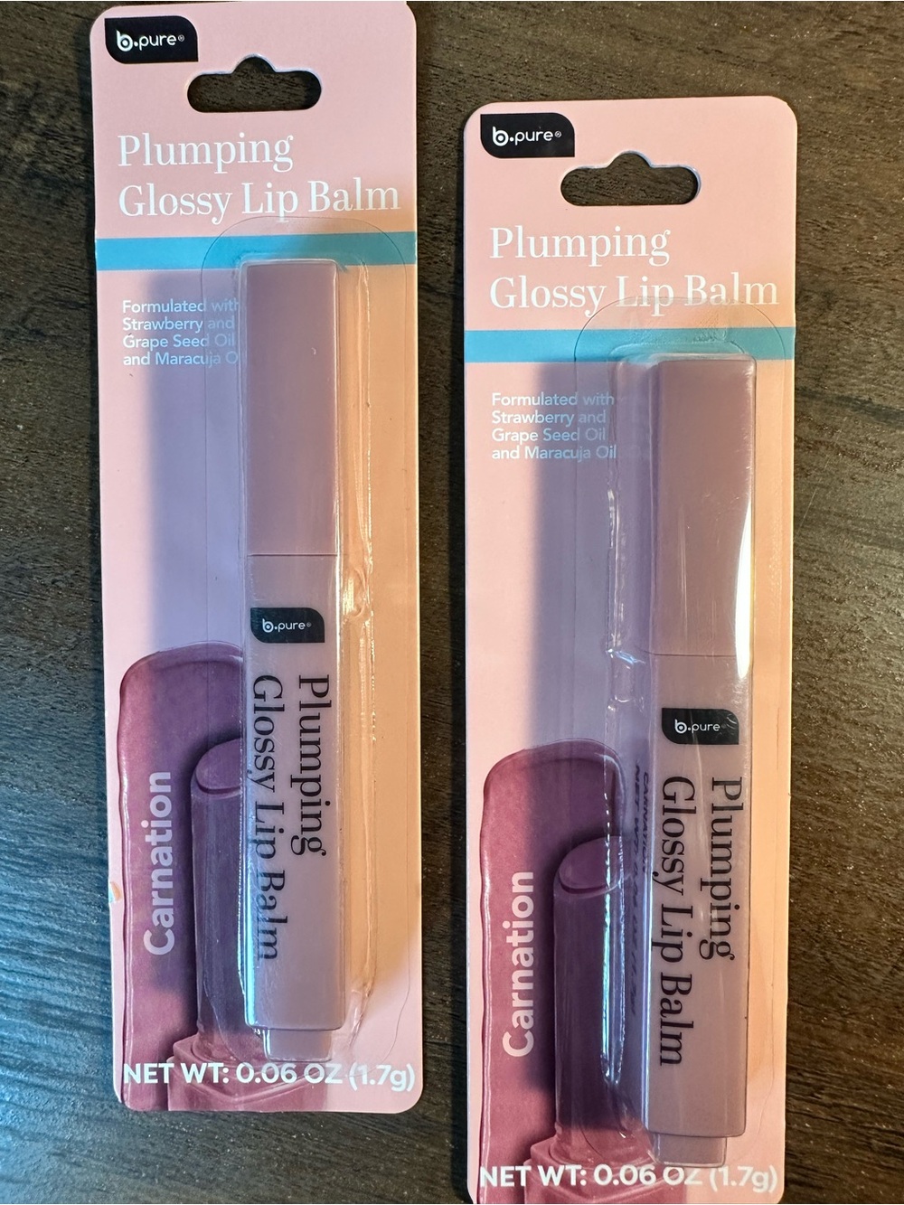B PURE 2pk Plumping Glossy Lip Balm ~ Carnation ~ Strawberry & Grape Seed Oil